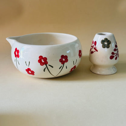 Red Floral & Leaf Matcha Bowl & Whisk Holder Set