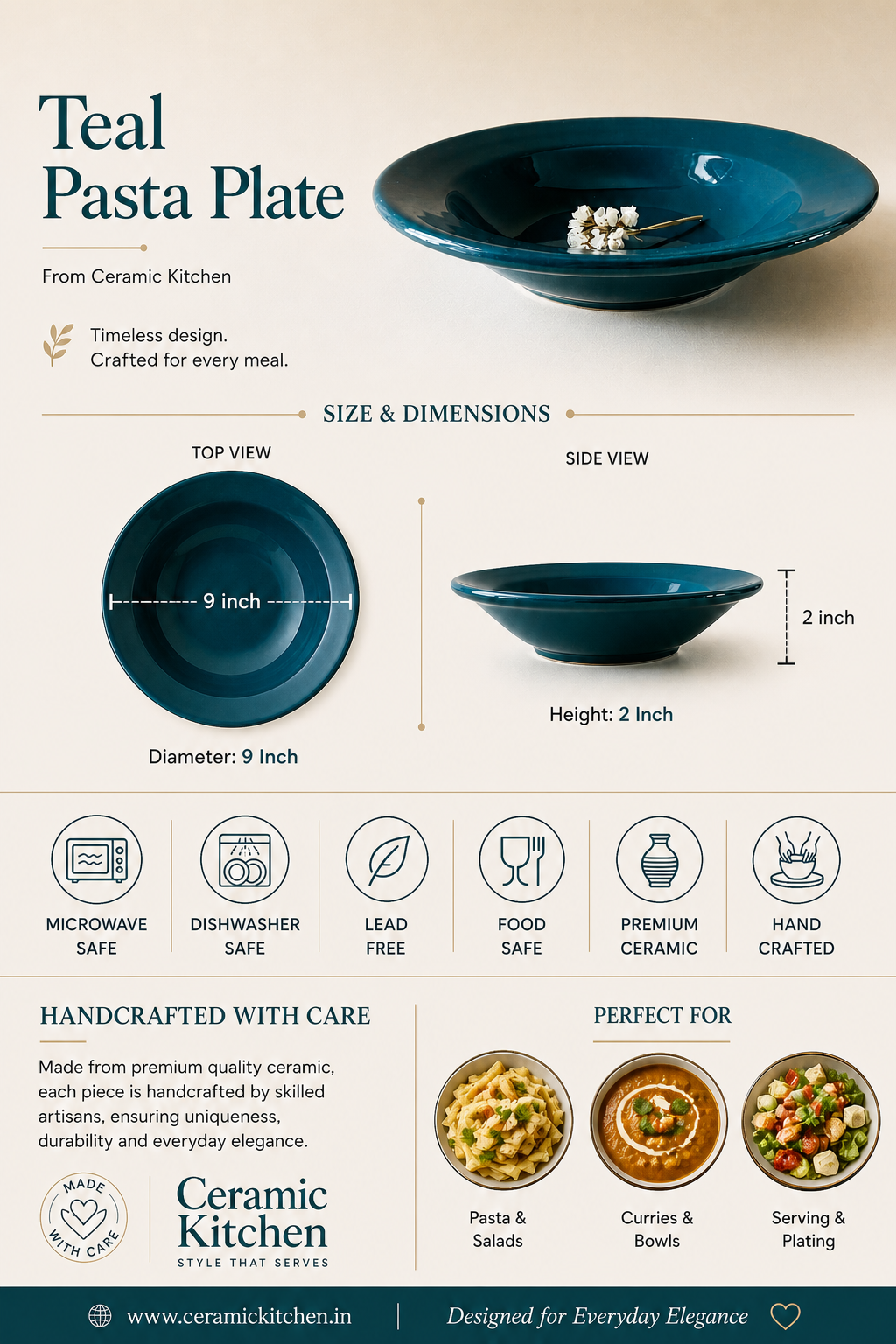 Teal Pasta Plate – 9 Inch