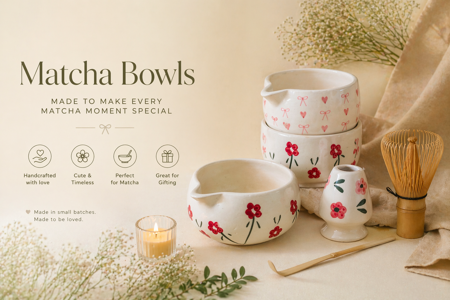 Green Floral Matcha Bowl & Whisk Holder Set