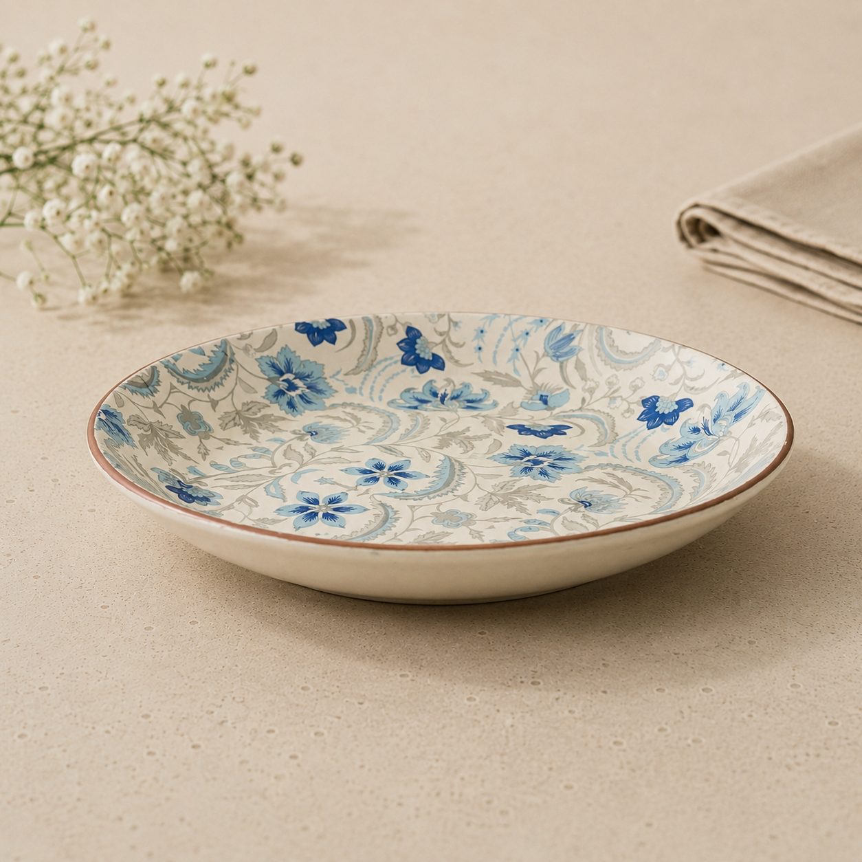 Blue Floral Shallow Bowl – 8 Inch