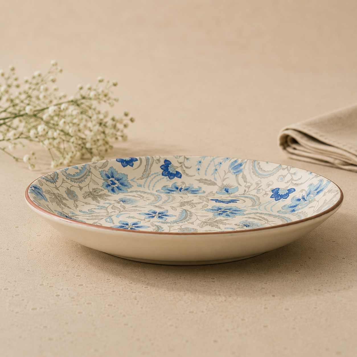 Blue Floral Shallow Bowl – 8 Inch