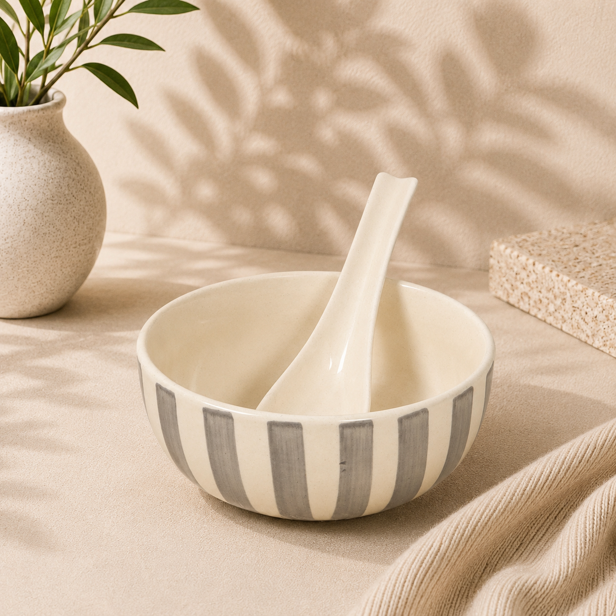 Noir & Ivory Stripe™ Soup Bowls with Spoons