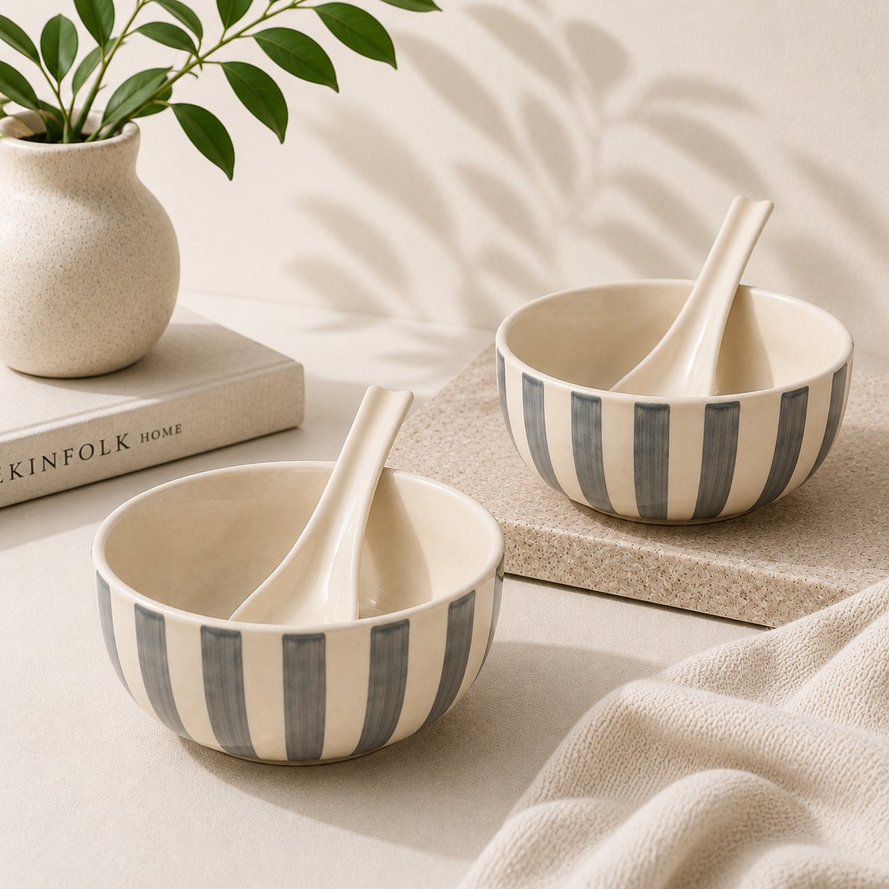 Noir & Ivory Stripe™ Soup Bowls with Spoons